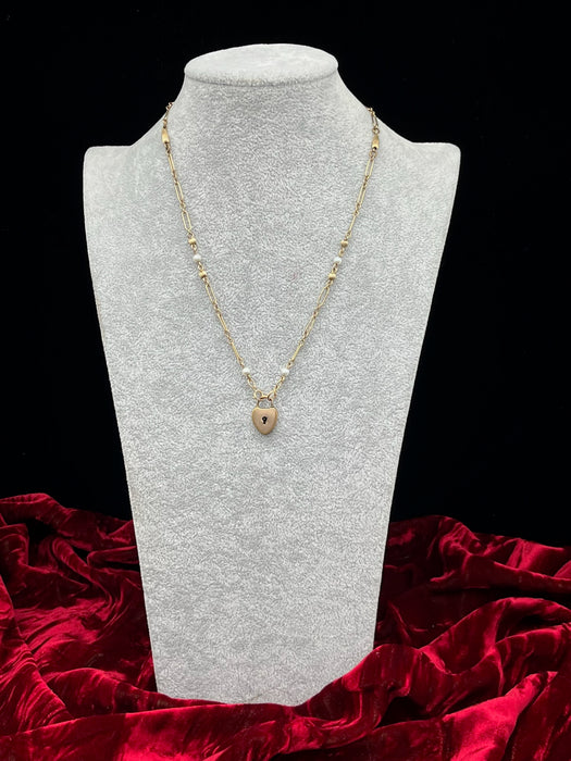 Antique Old Gold Pearl Chain Necklace w/ Heart Padlock