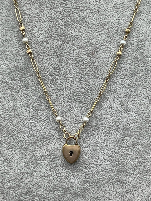 Antique Old Gold Pearl Chain Necklace w/ Heart Padlock